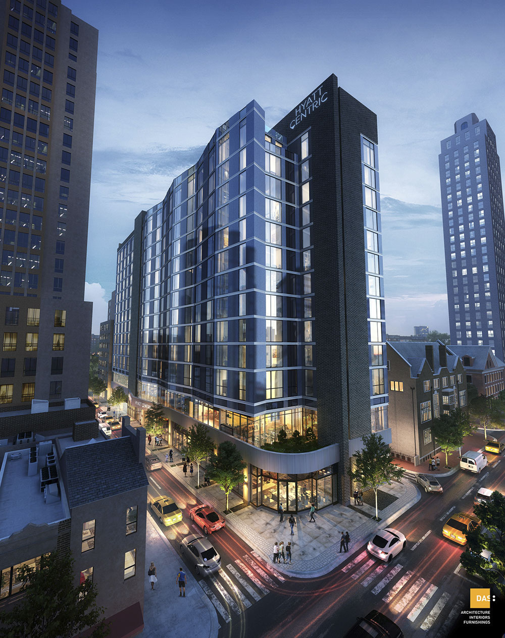 Exterior rendering of hotel located at 17th and Chancellor Streets