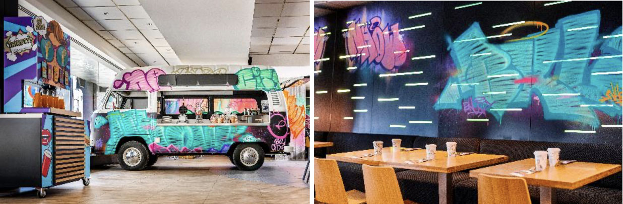 Left to right: cheat day station and hotel restaurant at nhow Brussels Bloom