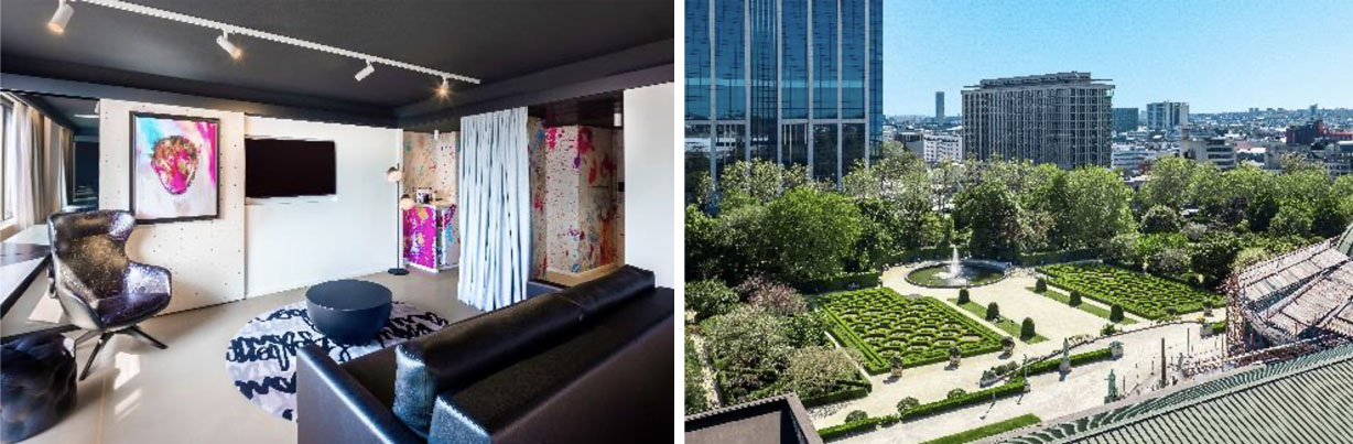 Left to right: Junior Suite with art from Jessica Thacker and view from hotel