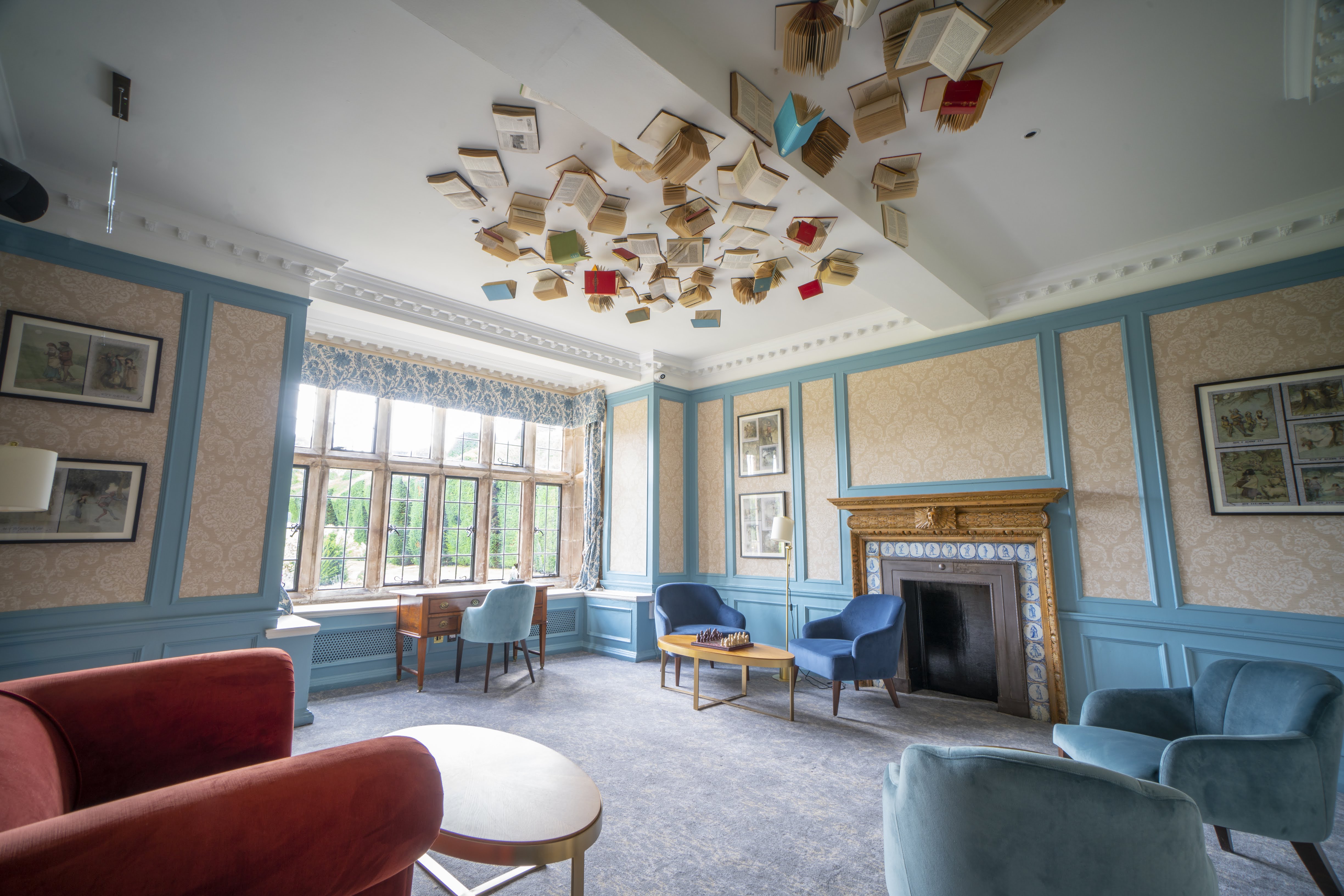 Billesley Manor Hotel & Spa, Stratford-upon-Avonm - library with 'floating' books