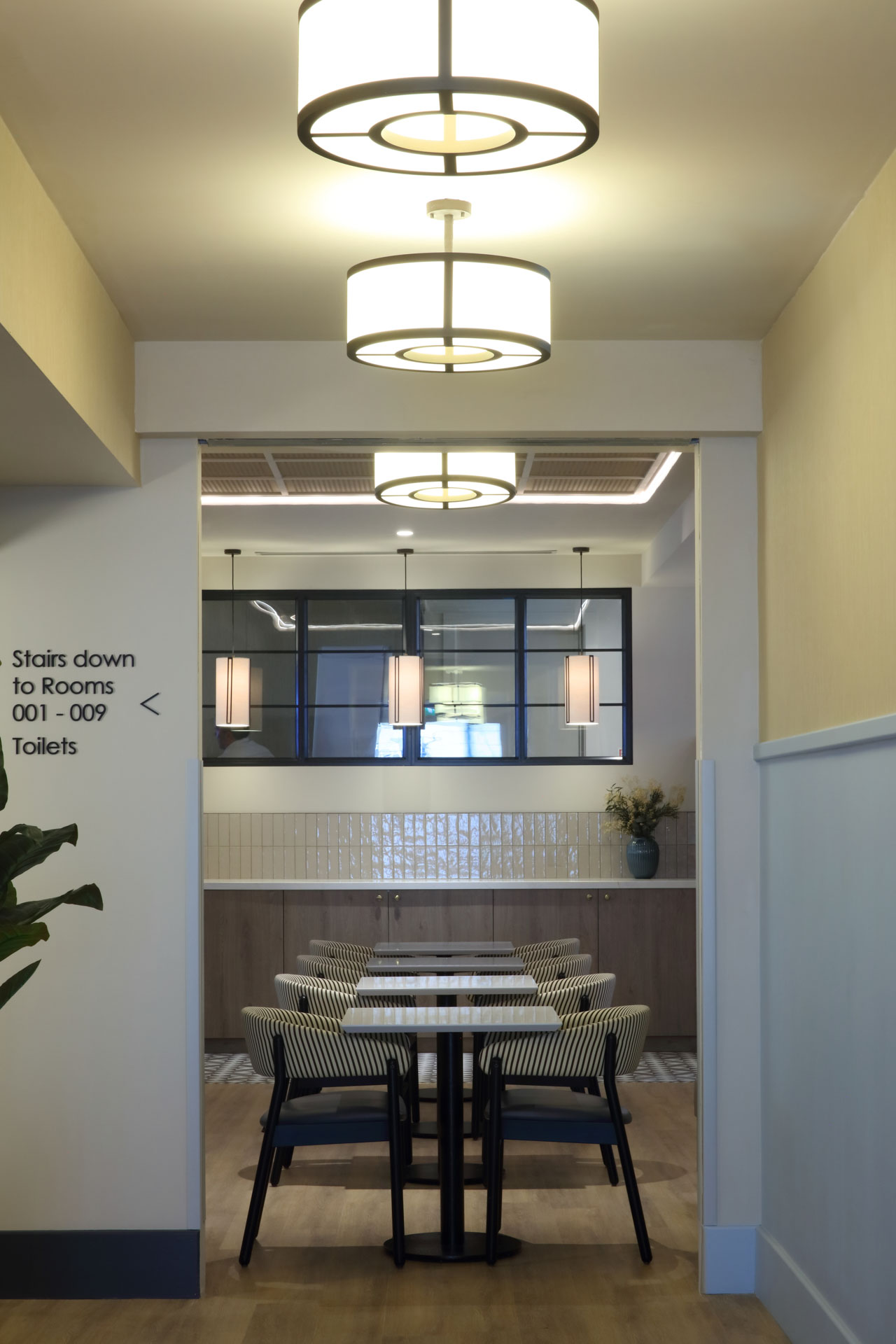 Glimpsed view of restaurant from lobby.