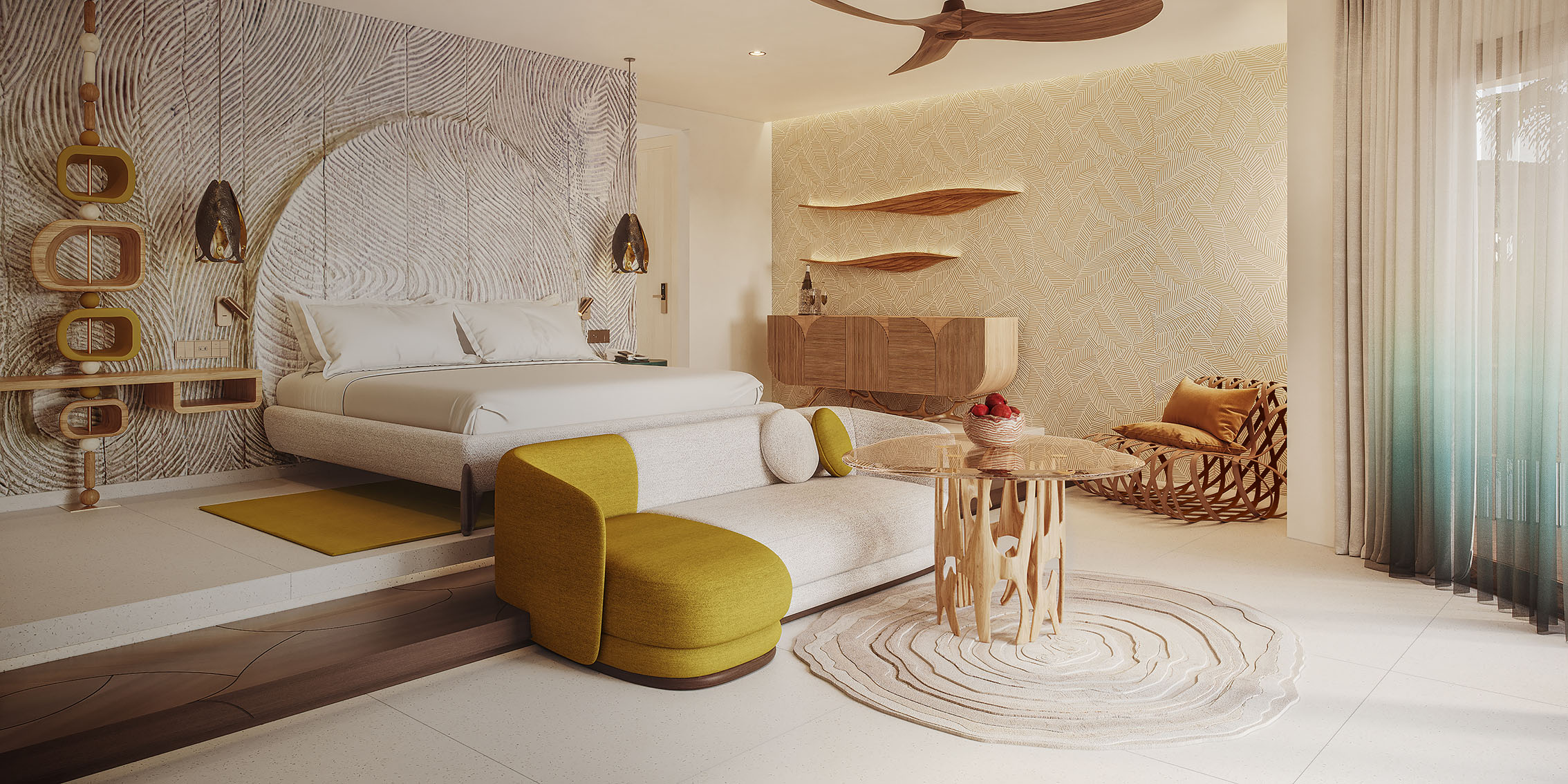 Wonderful Beach Oasis Interior Day View. Images are renderings.